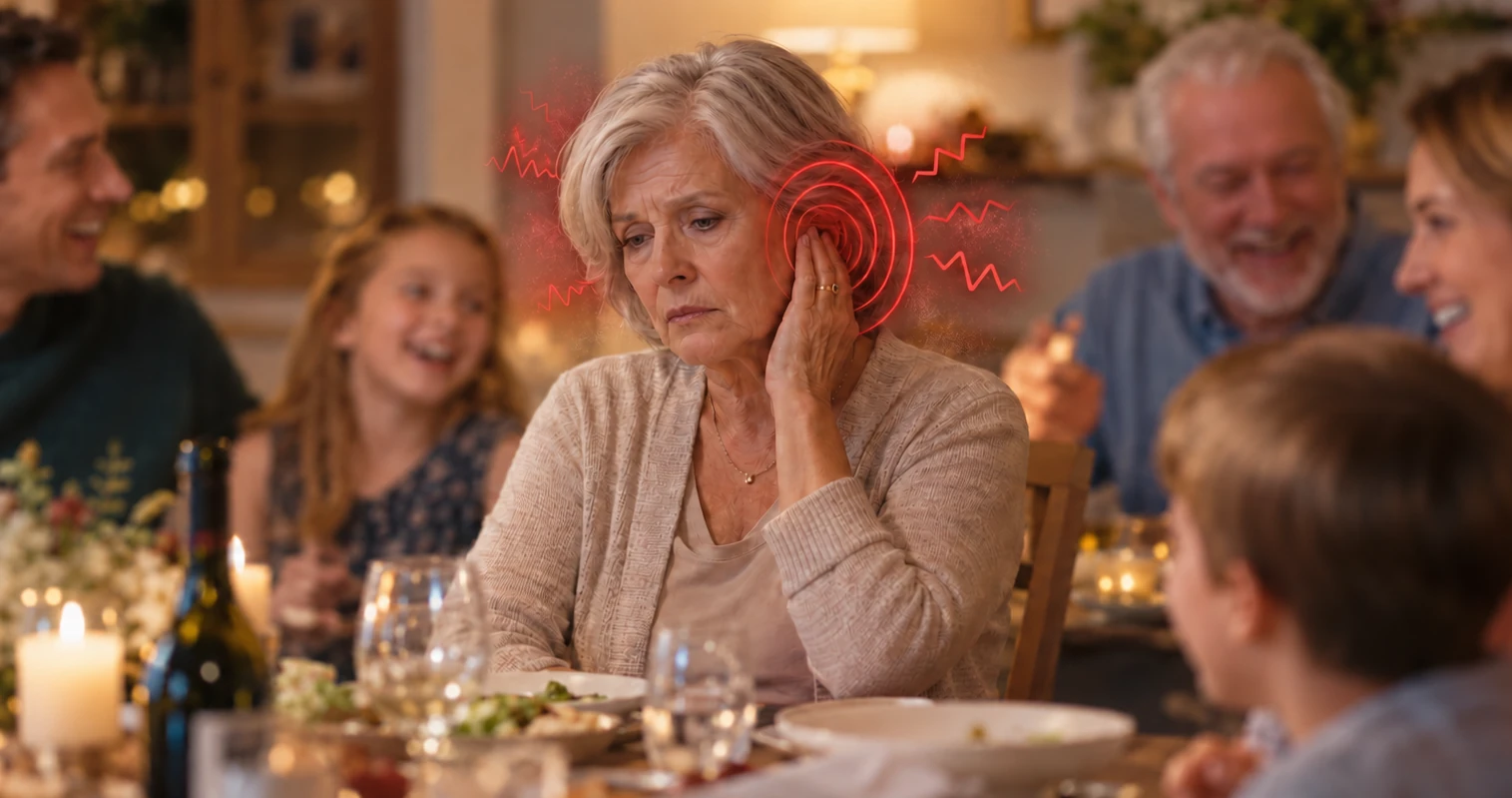 Older woman with tinnitus feeling disconnected during a family dinner